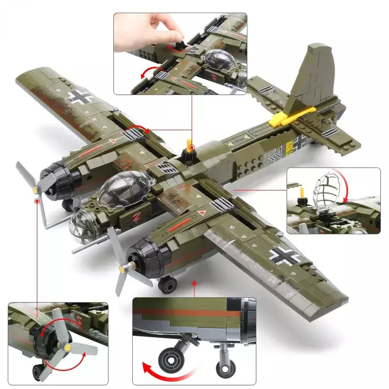 어린이용 군사 Ju-88 폭탄 비행기 빌딩 블록, WW2 헬리콥터 육군 무기 군인 모델 벽돌 키트 장난감, 559 개
