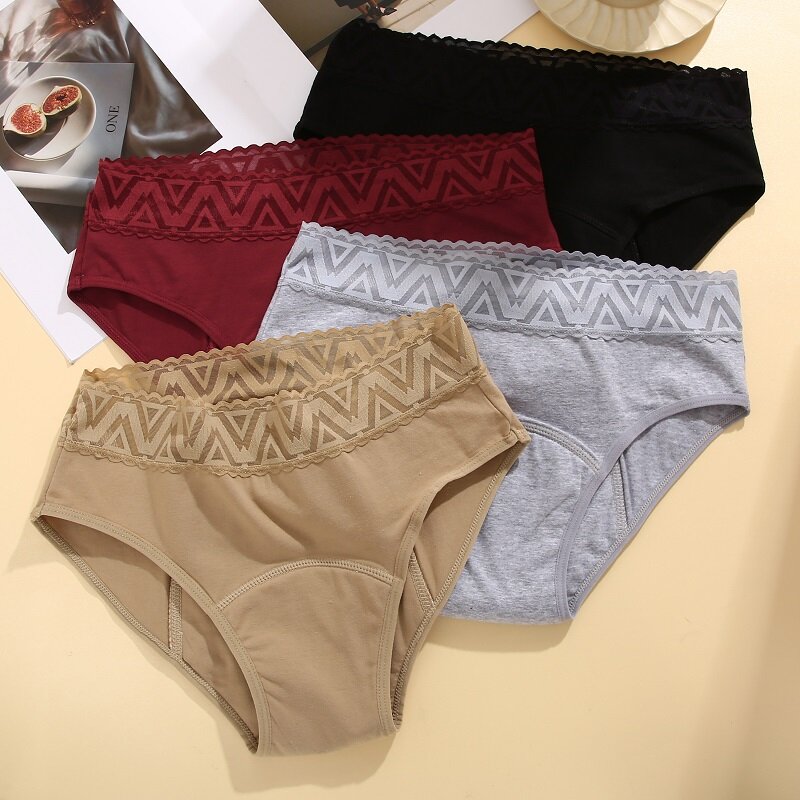 Cuecas de algodão para mulheres, cuecas low rise, calças fisiológicas de quatro camadas, cuecas sexy de renda, calcinhas femininas, 1pc