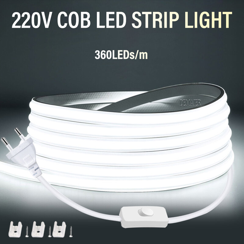 Impermeável LED Strip Light para cozinha, lâmpada flexível ao ar livre, lâmpada de fita, decoração de casa e quarto, plugue UE, COB, 360LEDs por m, RA90, 220V