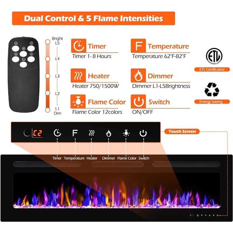 60" Electric Fireplace Wall Mounted and Recessed with Remote Control, 750/1500W W/Timer Adjustable Flame Color and Brightness