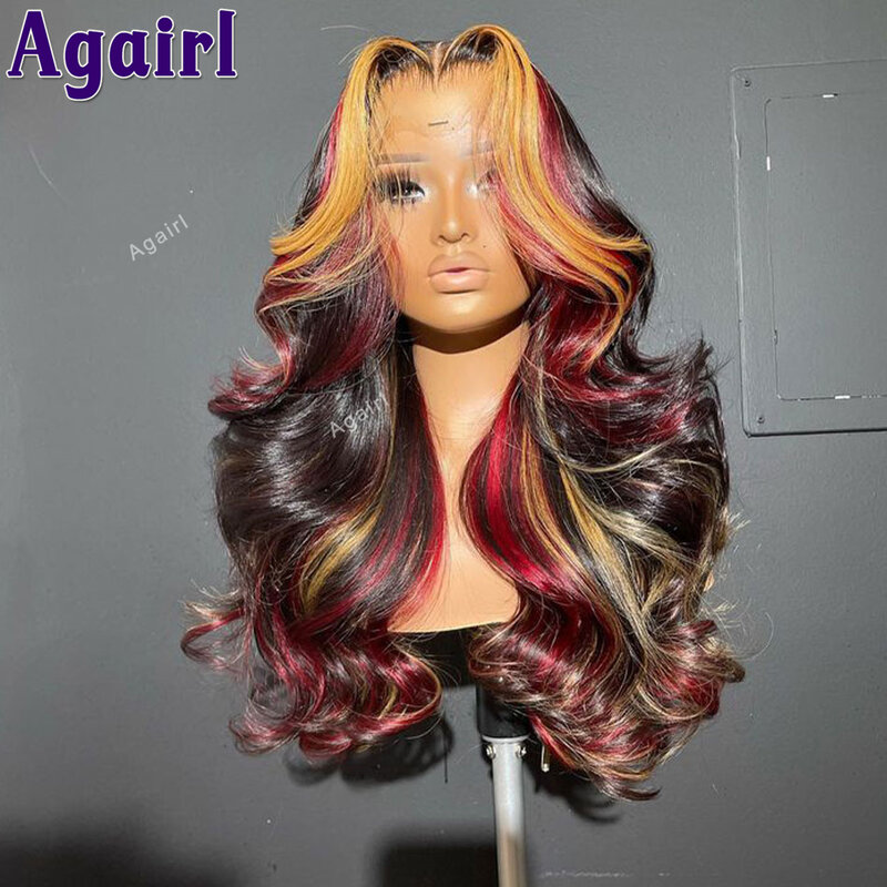 Peluca de cabello humano con cierre de encaje 6x4 para mujer, postizo de onda de cuerpo 200%, sin pegamento, color rubio y Rojo resaltado