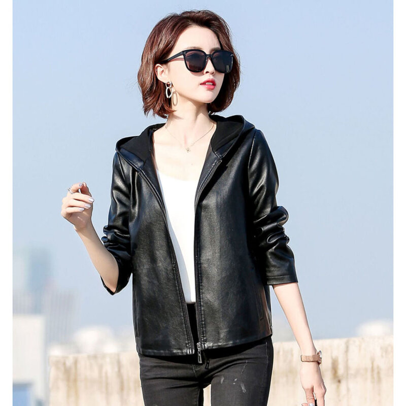 Unbreakable Leather Jacket 2023 Spring Autumn New Women Short Hooded Casual Faux Leather Coat Lady Loose Zipper Black Tops 4XL