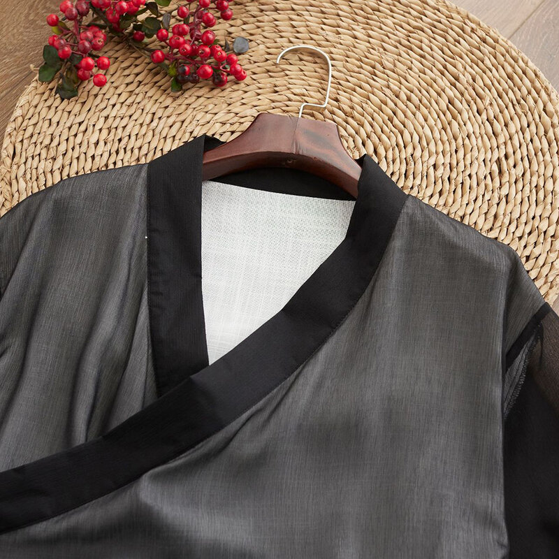 Новинка 2023, Мужская Просвечивающая Однотонная рубашка в старинном стиле, повседневная прозрачная рубашка с короткими рукавами, костюм для косплея