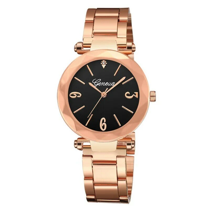 제네바 여성 블랙 시계, 스테인레스 스틸 밴드, 쿼츠 손목 시계, 여성용 저렴한 가격, 여성 시계, Vrouwen