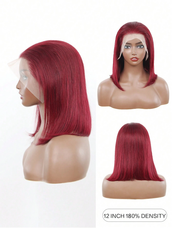 Peluca de cabello humano liso para mujer, frontal de encaje postizo, color rojo borgoña 99J, HD, transparente, Bob corto, peruano 99J, 13x5x1