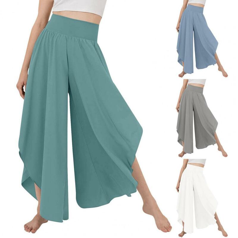 Women Culottes Skirt Pants High Elastic Waist Loose Irregular Hem Ankle Length Deep Crotch Soft Breathable Female Trousers