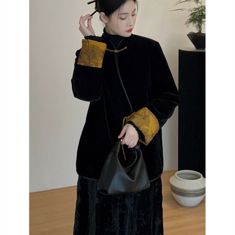 Ropa de estilo chino para mujer, traje nacional negro, falda acolchada, novedad