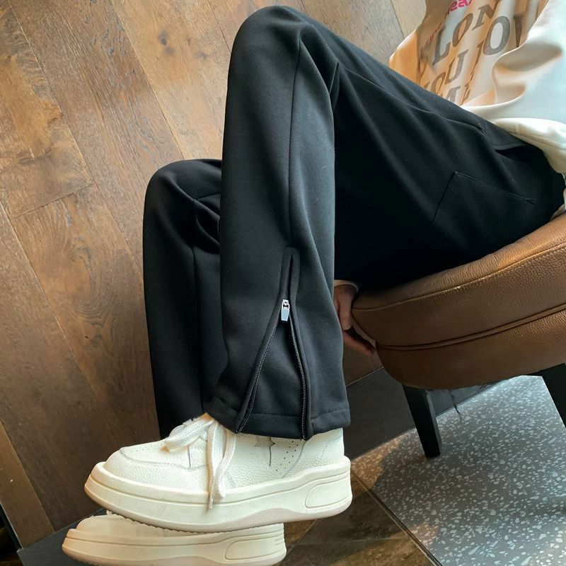 Pantalones de chándal negros con cintura elástica para hombre, pantalón de pierna recta, ajustado, Color sólido, estilo americano, cremallera, Primavera, nuevo, 2024