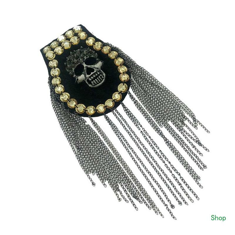 Dropship Kostum Panggung Tengkorak Tanda Pangkat untuk Berlian Imitasi Perhiasan Bahu Vintage Rumbai Link Rantai Tanda Pangkat