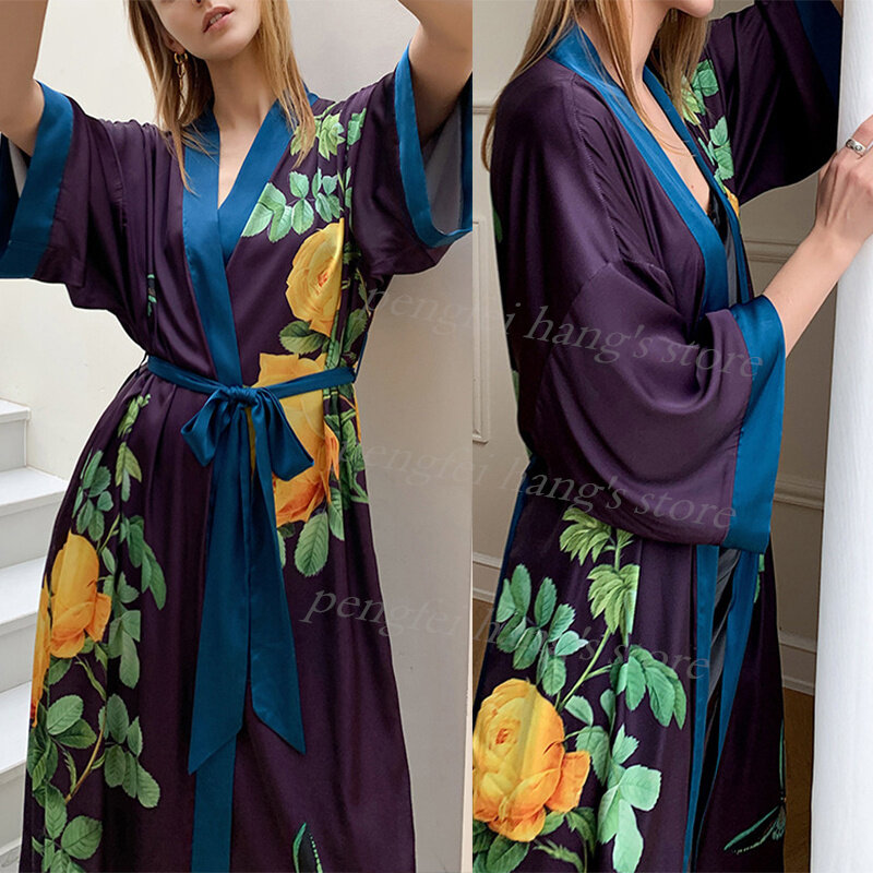 Albornoz Kimono con estampado de flores para mujer, ropa de dormir holgada de satén, camisón elegante, lencería para primavera y verano, novedad