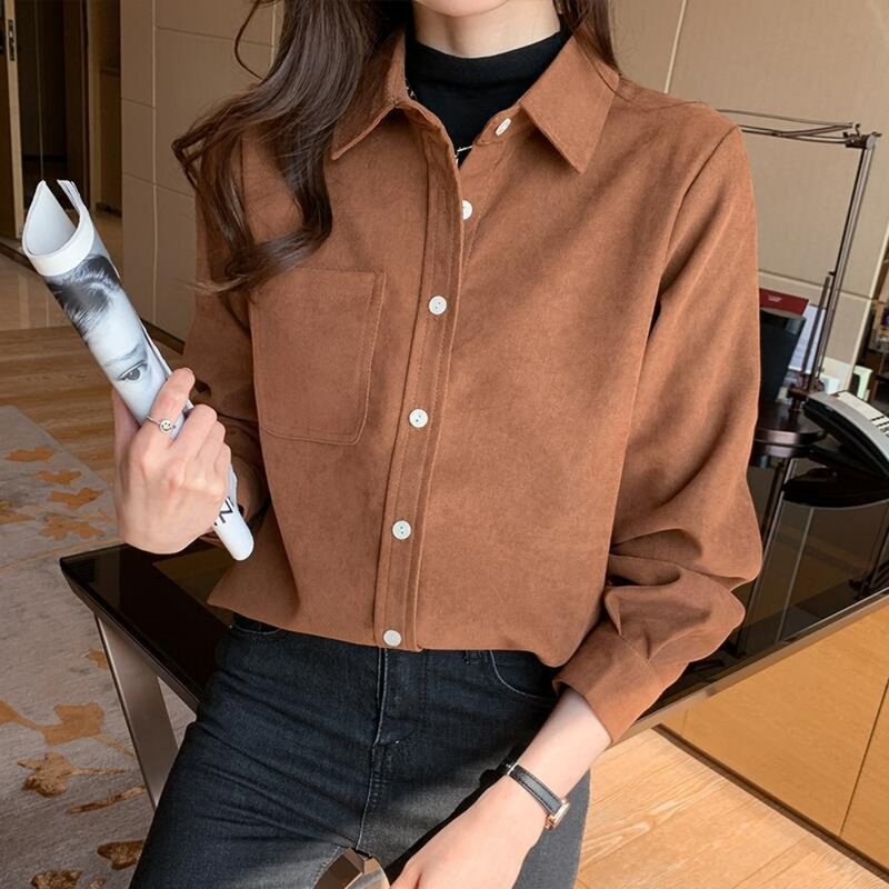 Damskie bluzki w stylu Vintage sztruksowe bluzka Harajuku koszula z koreański, z długimi rękawem płaszcz Retro kurtka damska kobiet topsCorduroy