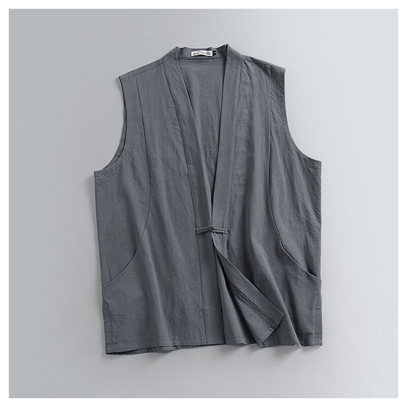 เสื้อกั๊กแขนกุดผ้าลินินบางสำหรับผู้ชายฤดูร้อนเสื้อกั๊กฝ้ายลินินแบบจีนมีกระดุมทรงหลวมสไตล์จีนย้อนยุค