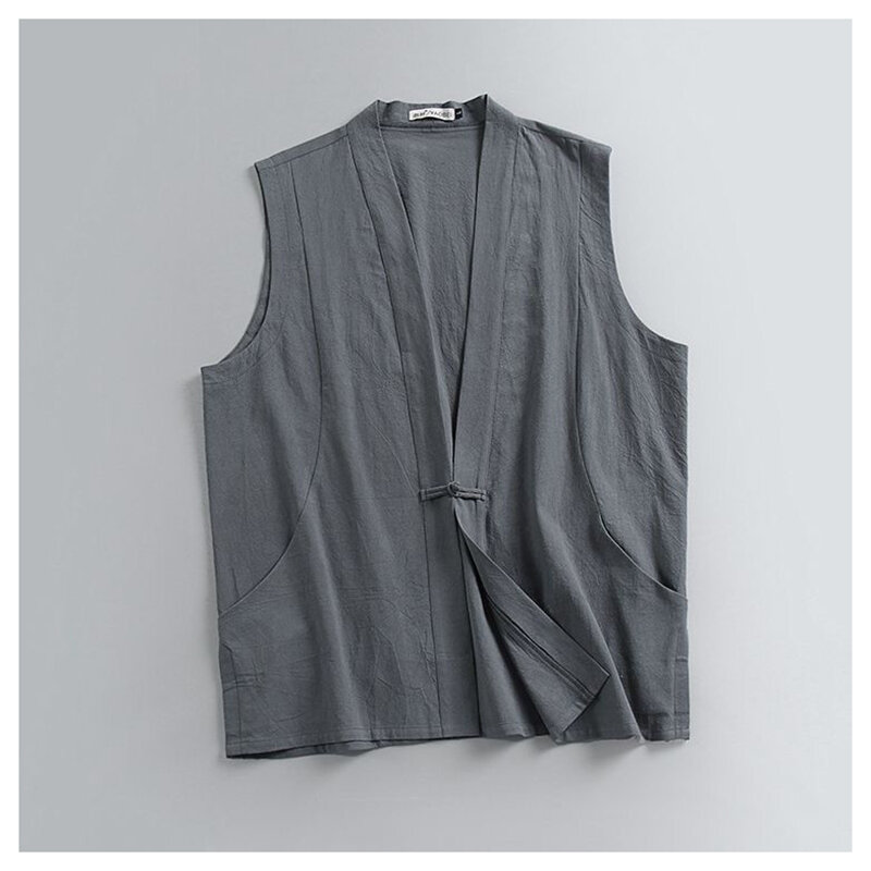 Zomer Dunne Linnen Mouwloze Vest Voor Mannen Met Chinese Stijl Katoenen Linnen Knoop-Up Vest, Retro Chinese Tang Losse Fitting