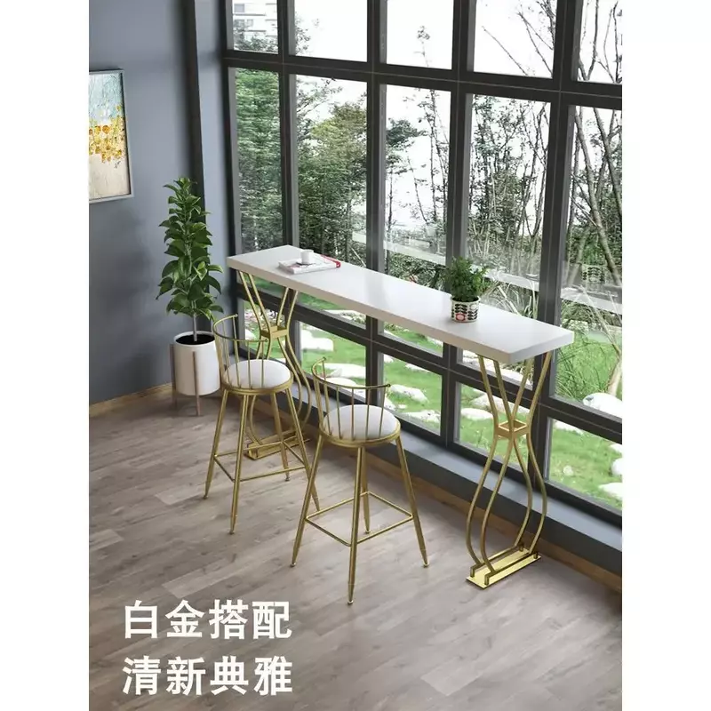 럭셔리 솔리드 우드 바 테이블, 홈 밀크 티 샵, 벽 긴 하이 테이블, 단조 다리미 바 의자 조합