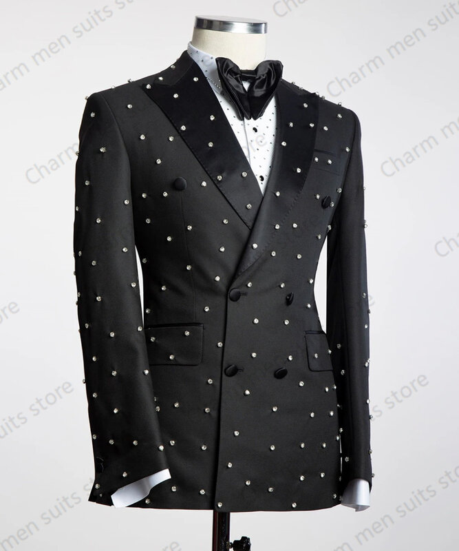 Conjunto de terno de cristais pretos de 2 peças dos homens, blazer e calças, jaqueta personalizada, casaco formal, escritório, baile de formatura, noivo, casamento, smoking