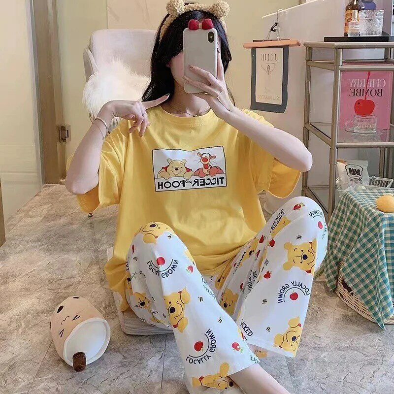 Disney Cartoon Mickey Winnie Snow White Pajamas Ladies Summer Short Sleeves Cute Pants Thin Girls Loose Homewear Pajamas Set