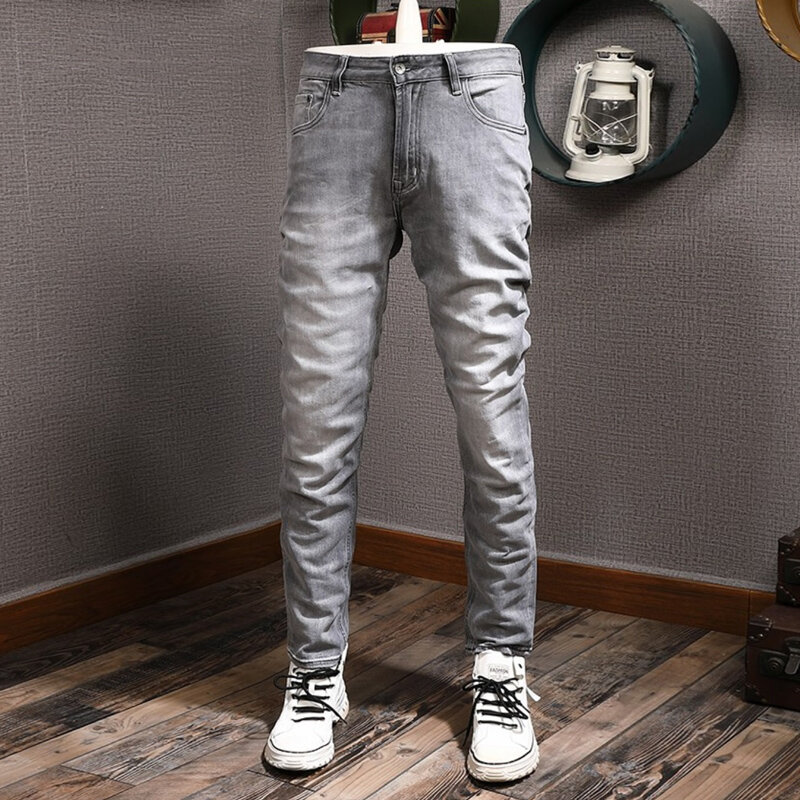 Europejski Vintage modne dżinsy męskie Retro szary wysokiej jakości elastyczny Slim Fit porwane jeansy mężczyźni dorywczo projektant spodnie dżinsowe Hombre
