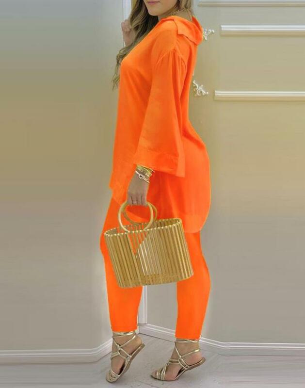 Dwuczęściowe zestawy damskie 2024 New Spring Bright Colors Bell Sleeve V-Neck Casual Top & Casual Daily High Waisted Pants Set