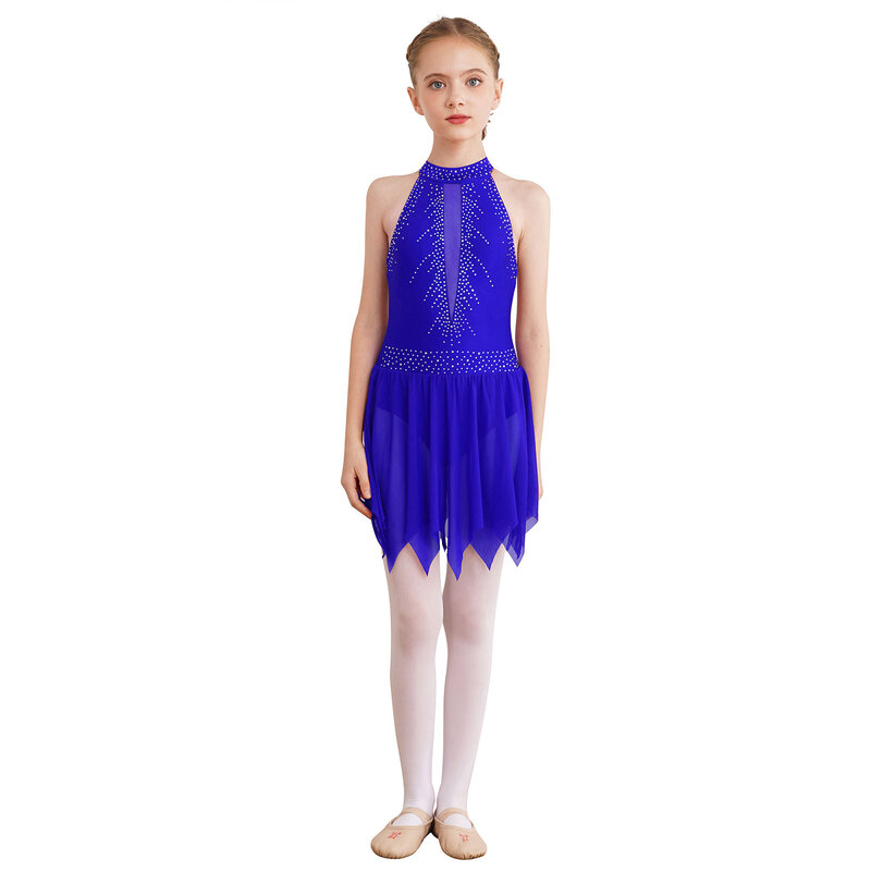 Kids Girls Gymnastics Ballet Jersey Lyrical Dance Dress Shiny Rhinestone Artistic Figure Skating Costume Tutu Skirt Dancewear