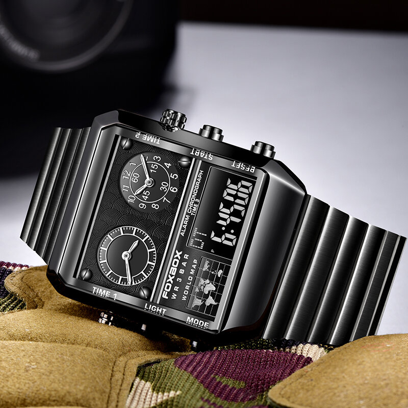 LIGE-relojes digitales deportivos de cuarzo para hombre, pulsera de acero inoxidable multifunción con Led luminoso, doble pantalla