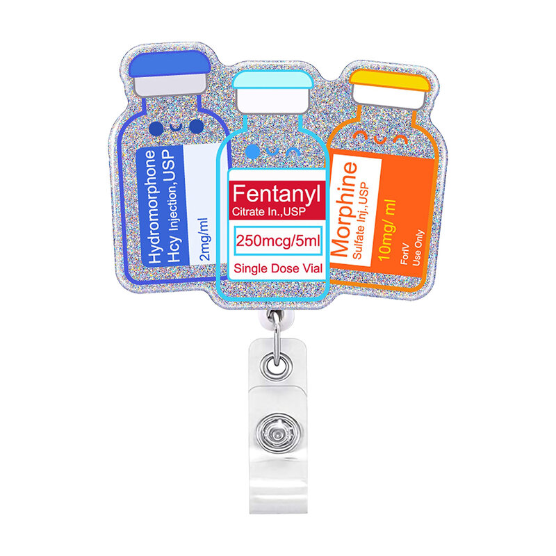 Porte-badge d'identification rétractable avec pince crocodile rotative, porte-nom, bouteille de médecine acrylique scintillante, bobine d'infirmière, nouveau, 2024