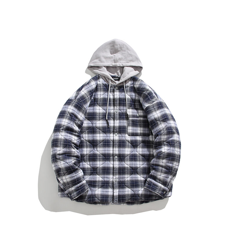 Jaqueta de inverno xadrez com capuz masculina, casacos Harajuku, manga comprida, casual básico, grossa, roupa quente