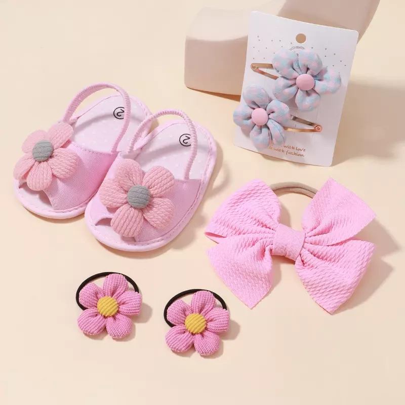 Sepatu bunga bayi baru lahir + aksesori rambut Set sandal jepit rambut ikat kepala anak-anak balita bayi pertama jalan perempuan sepatu bayi lembut