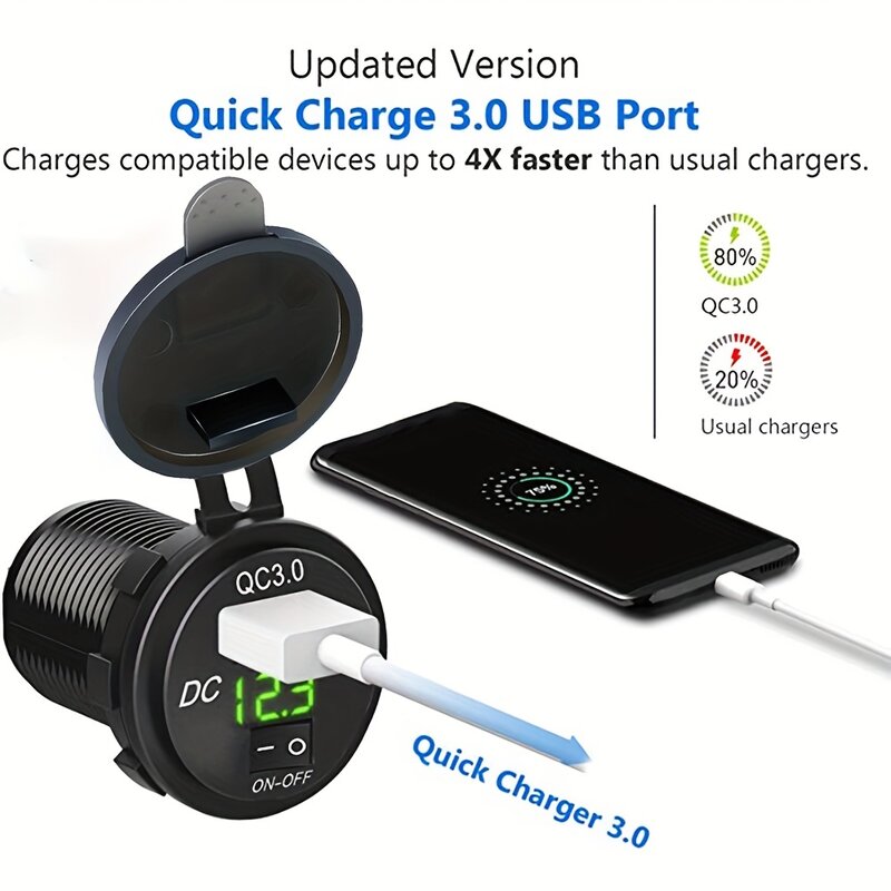 QC3.0 USB carro carregamento soquete com interruptor, Digital Display voltímetro, soquete impermeável, adequado para carros, motos, barcos