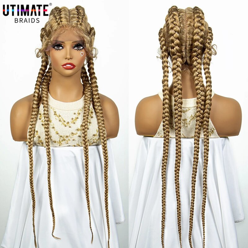 27/613 Color 36 Inches Synthetic Cornrow Braided Wigs for Black Women with Baby Hair Lace Frontal Box Braids Wig Daily Use