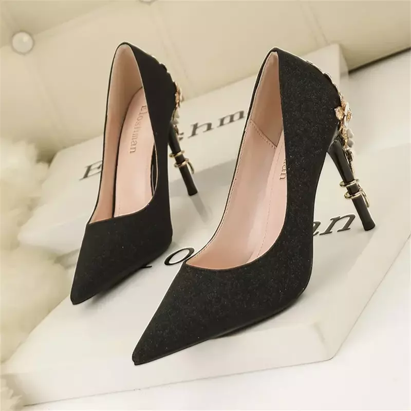 Light Luxury Sexy Women Dress Shoes 2023 Autumn Metal Flower Fashion High Heel Wedding White Pointed Sequins Shiny Female Pumps