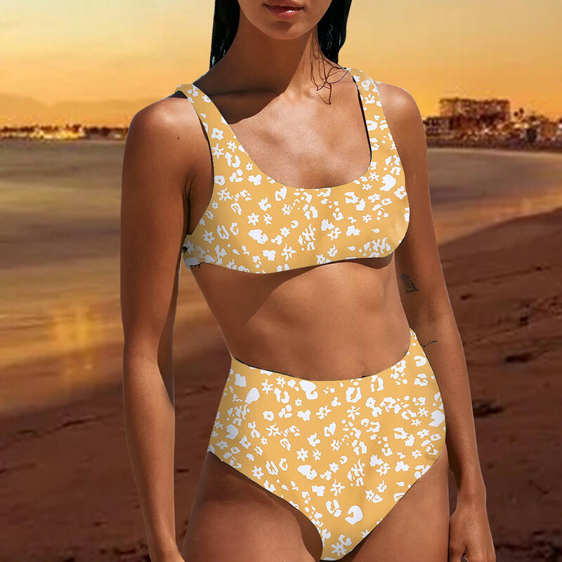 Set Bikini Pinggang Tinggi 2022 Set Bikini Dua Potong dengan Belahan Cetak Bantalan Push-Up Pakaian Renang dengan Punggung Terbuka Gaya Bohemia Pakaian Pantai