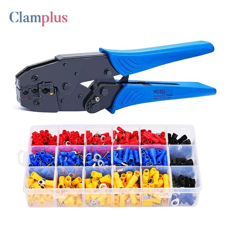 HS-30J Wire Terminals Crimping Plier Kit,Insulated Ratcheting Connectors Crimper Tool AWG22-10 Butt Bullet Spade Fork Ring Crimp
