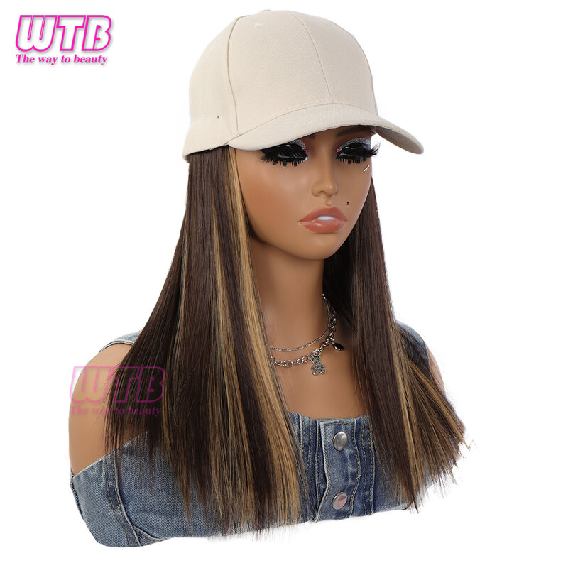 WTB-Perucas sintéticas ajustáveis para mulheres, boné de beisebol, chapéu, cabelo liso longo, peruca de peça única