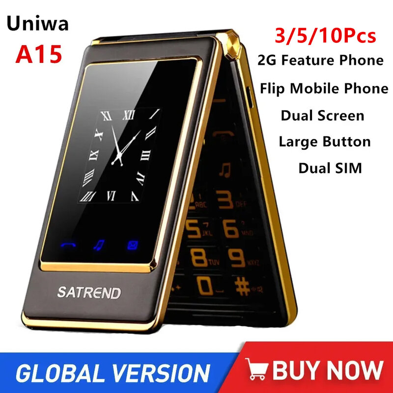 UNIWA-Flip Phone com Botão Grande, Dual SIM, Dual Standby, Velho, Russo, Árabe, Hebraico, Teclado, 2G, A15 Feature Phone, 3 Pcs, 5 Pcs, PCes 10