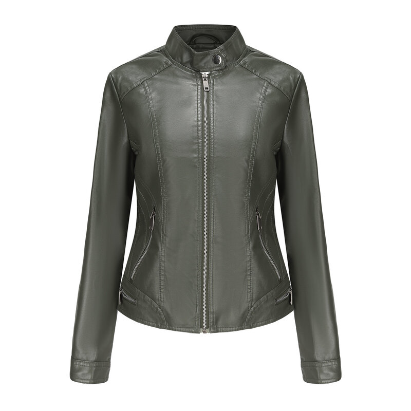Imitação de jaqueta de couro feminino 2023 primavera e outono nova manga comprida magro moda motociclista jaqueta de couro imitação preta