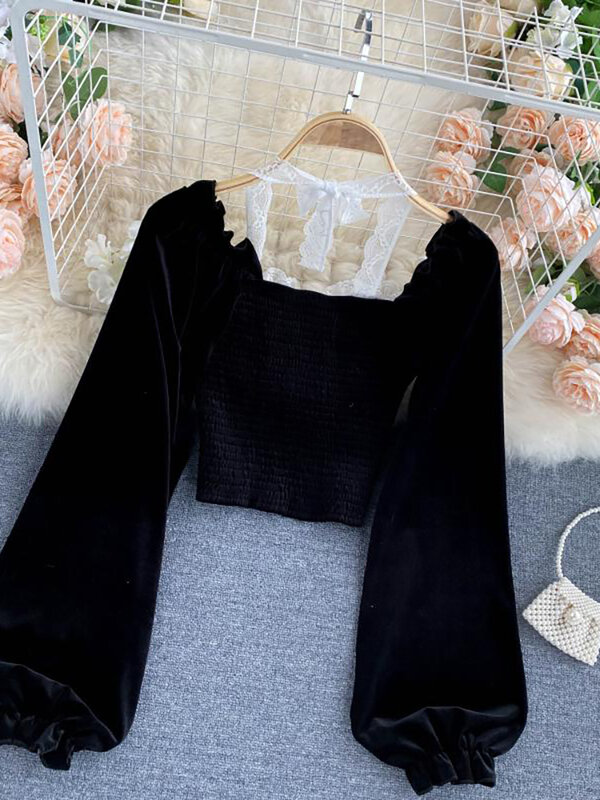 Сексуальная короткая блузка с лямкой на шее и кружевом в стиле пэчворк для женщин, Повседневная бархатная рубашка с пышными рукавами, женские черные топы, новая мода, Осень-зима