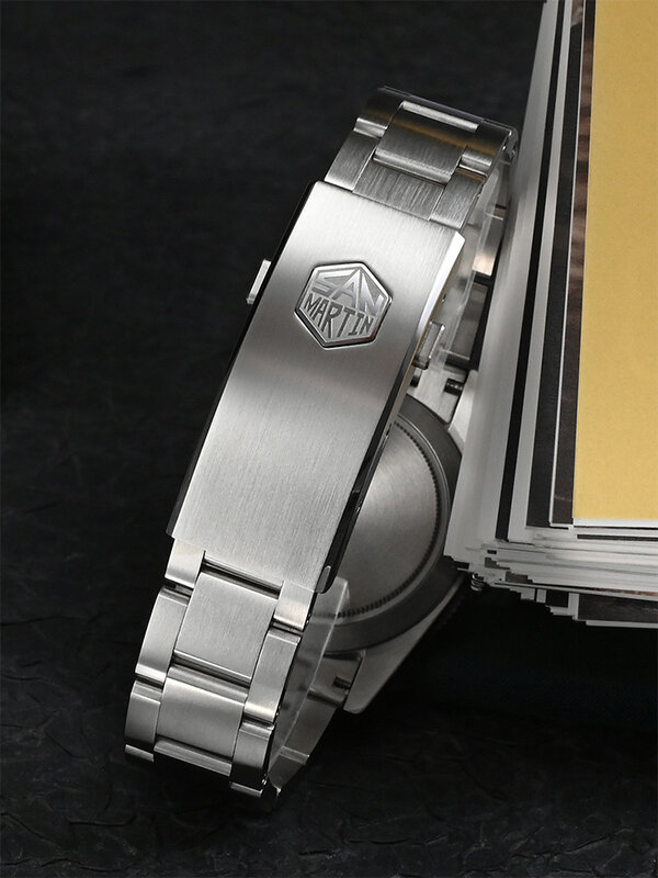 San martin-メンズ自動機械式時計,ヴィンテージリストバンド,サファイア発光,防水,sn0138,nh35,新品,37mm,bb54,200m