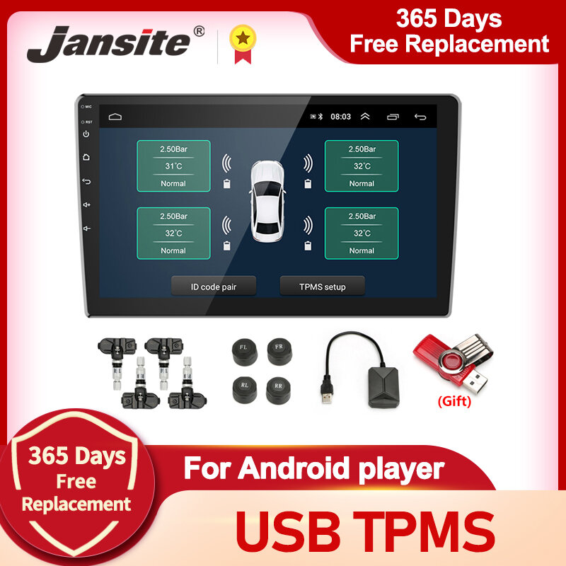 Jansite-Car Tire Pressure Alarm Monitor System, USB, Android Player, TPMS, aviso de temperatura, quatro sensores