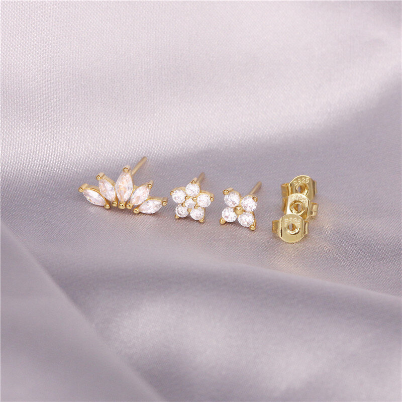AIDE Geometry Luxury Cubic Zirconia Earrings Stud 925 Sterling Silver Small Pendientes plata 925 Pierced Boucle Oreille Femme