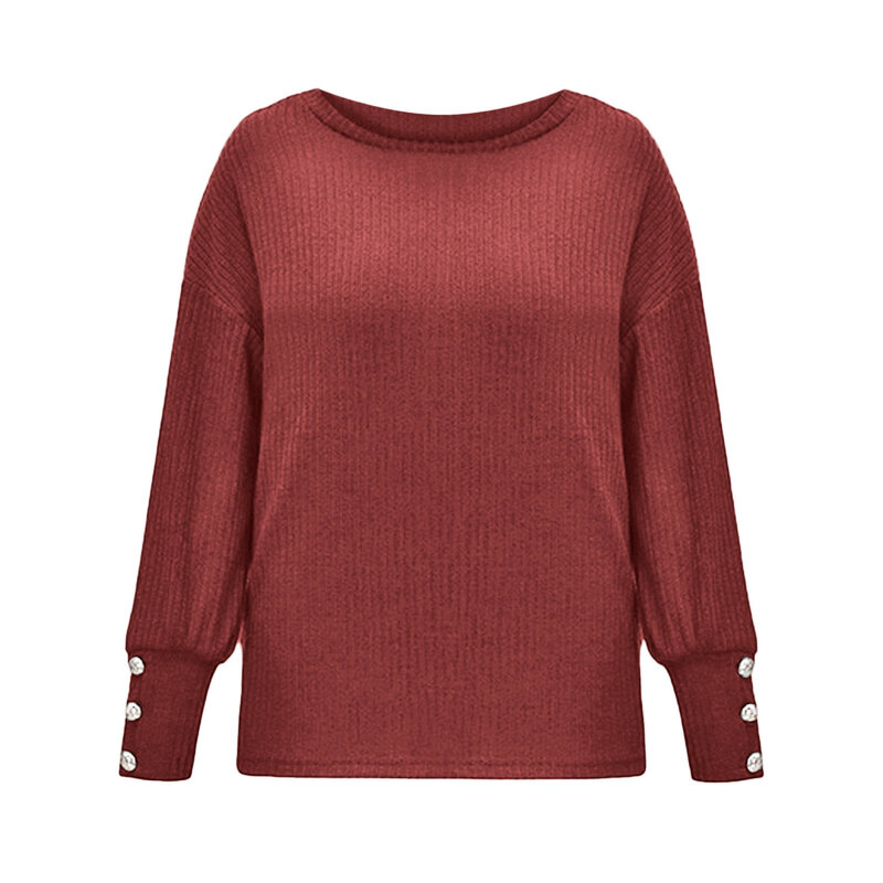 Sweater rajut wanita, atasan kerah pita kancing polos lengan rajut nyaman ukuran besar untuk wanita