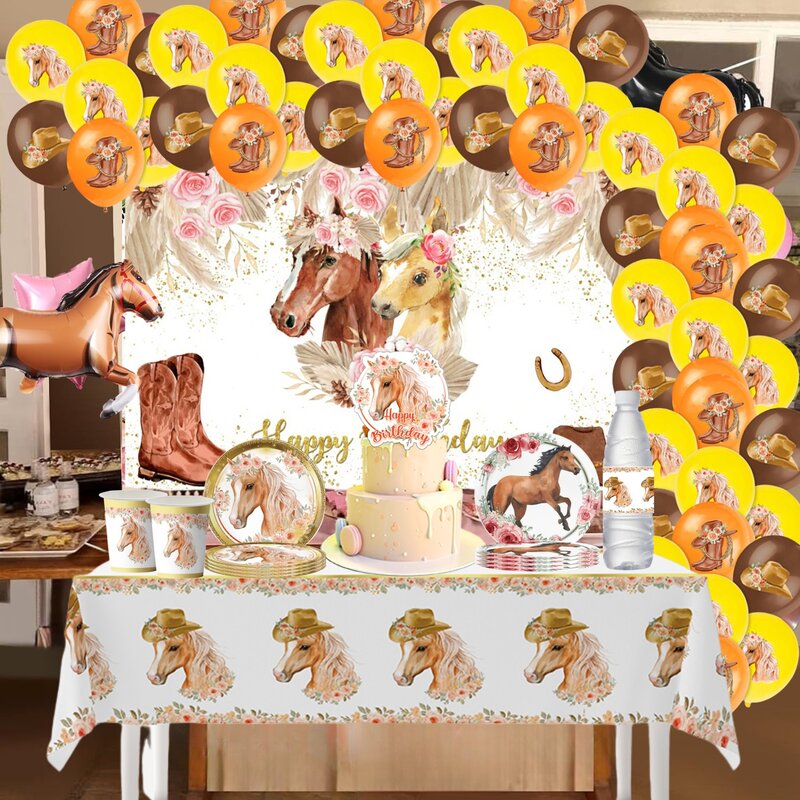 Decoraciones de fiesta de cumpleaños de caballo salvaje, vajilla desechable de caballo Caballero, taza, plato, mantel, bolsa de regalo, suministros de fiesta para niños