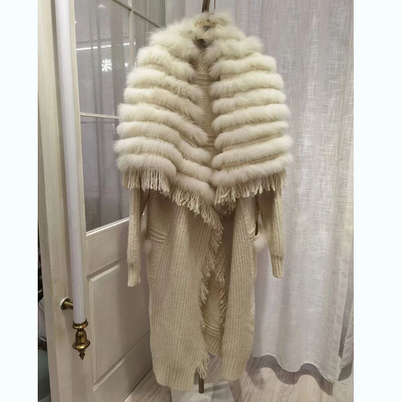 Женское вязаное пальто из лисьего меха, свободное осеннее трикотажное пальто большого размера с длинным рукавом, элегантные шерстяные пальто в европейском стиле