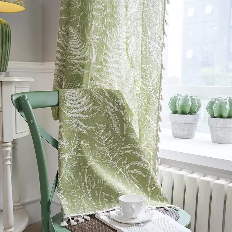 Green Leaves Curtains Plant Blackout Waterproof Window Curtain Rustic Boho Tassels Rod Pocket for Living Room Bedroom Decoration