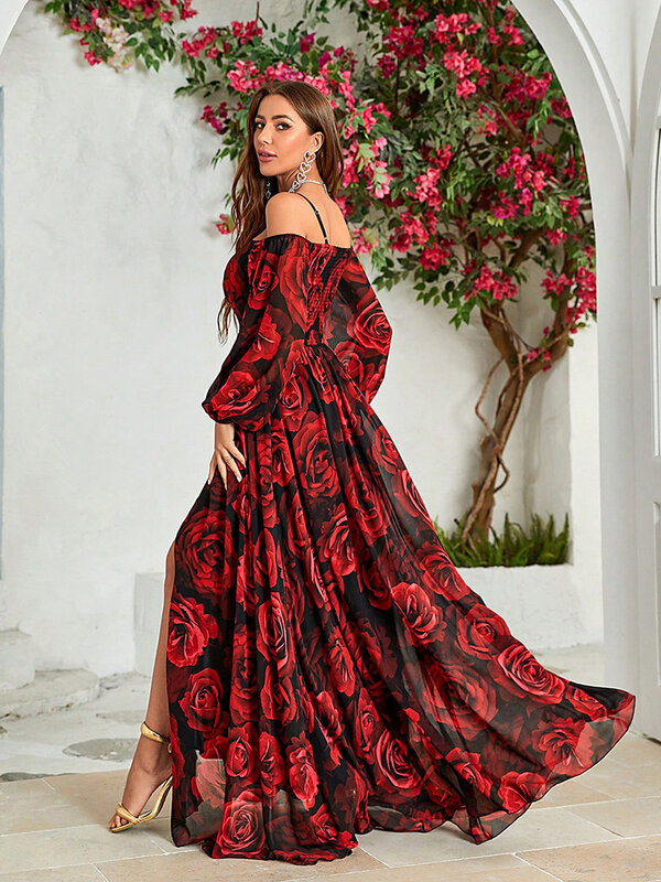 TOLEEN 2024 nowy seksowny kwiatowy nadruk letnie damskie sukienki Maxi zimne ramię rozcięcie uda szyfonowa modna artystyczne sukienki wakacyjne