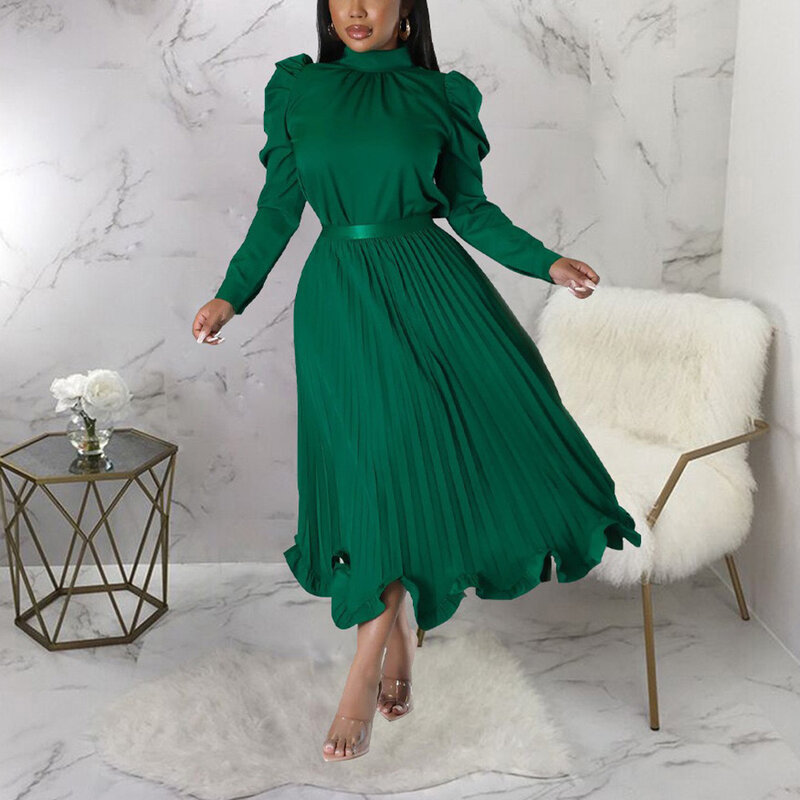 Elegant Office Ladies 2 Pieces Skirts Sets Solid Blouse & Long Skirt Pleated Ruffles Mid Calf Formal Business Work Wear Sets Hot