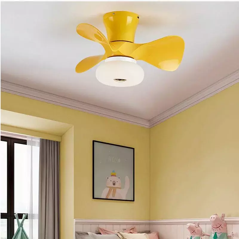 Ventiladores de techo pequeños de Color madera para sala de estar, cama, habitación, lámpara de macorón colorida linda, aplicación de atenuación, ventiladores inteligentes, 22 pulgadas