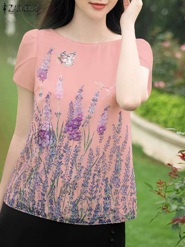 Летняя Блузка ZANZEA 2024 с цветочным принтом, Корейская женская футболка с коротким рукавом с буфами, модная Праздничная туника с круглым вырезом, повседневные свободные топы