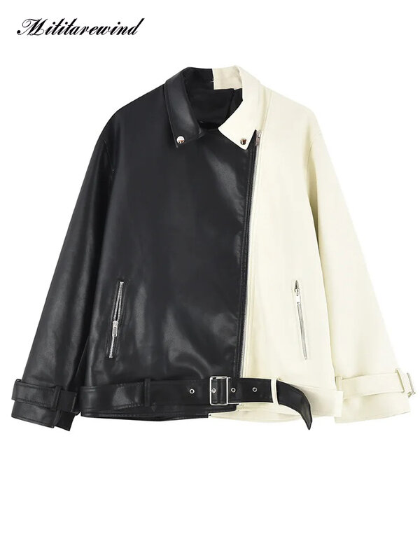 여성용 PU 가죽 재킷, 블랙 화이트 패치워크 컬러 가죽 코트, 여성용 오토바이 재킷, 턴다운 칼라 바이커 재킷, 가을
