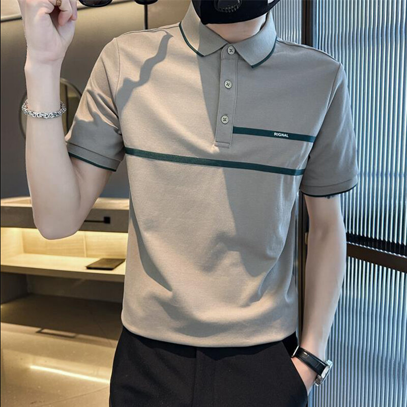 Moda risvolto bottone impiombato sciolto Business Polo abbigliamento uomo 2024 estate nuovi pullover Casual t-Shirt asimmetrica