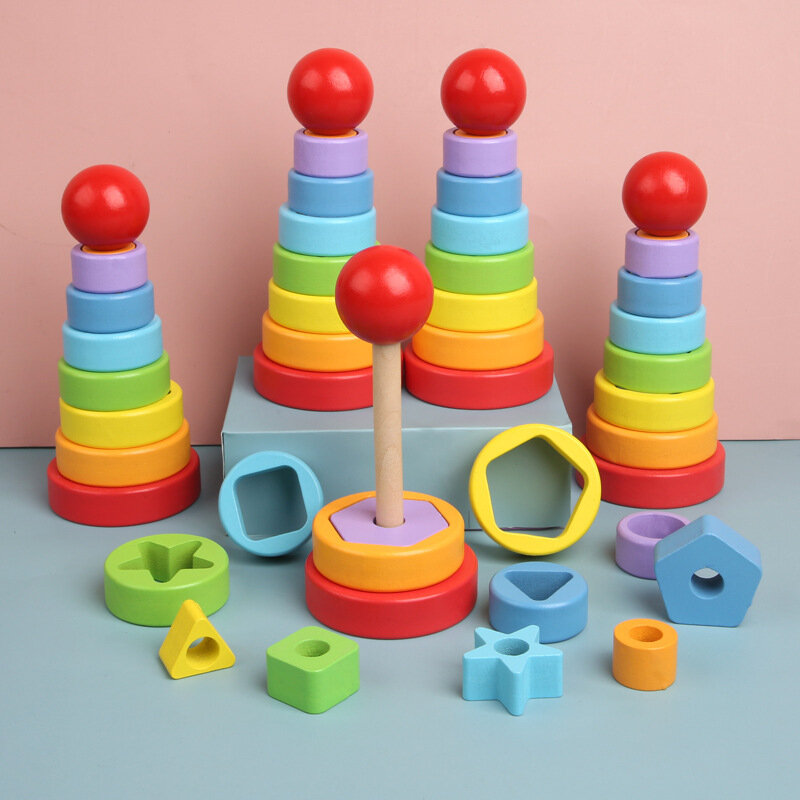 Juguetes de apilamiento de torre de arcoíris para bebé, anillo de rompecabezas de apilamiento colorido de madera Montessori, ayudas educativas tempranas, juguetes para bebés, regalos